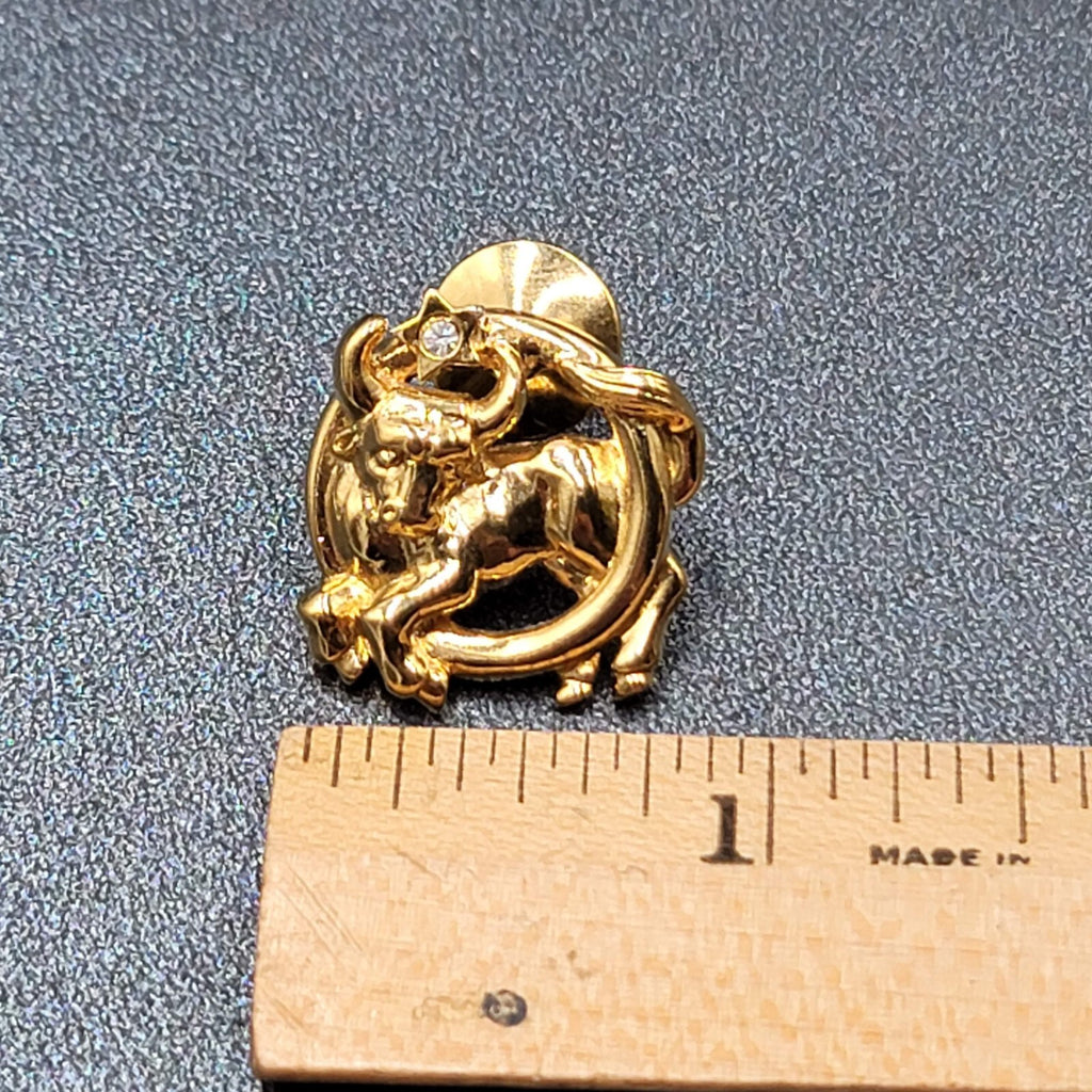 Zodiac Taurus Bull Lapel Hat Tie Pin Gold Plated Crystal Rhinestone 7/8"