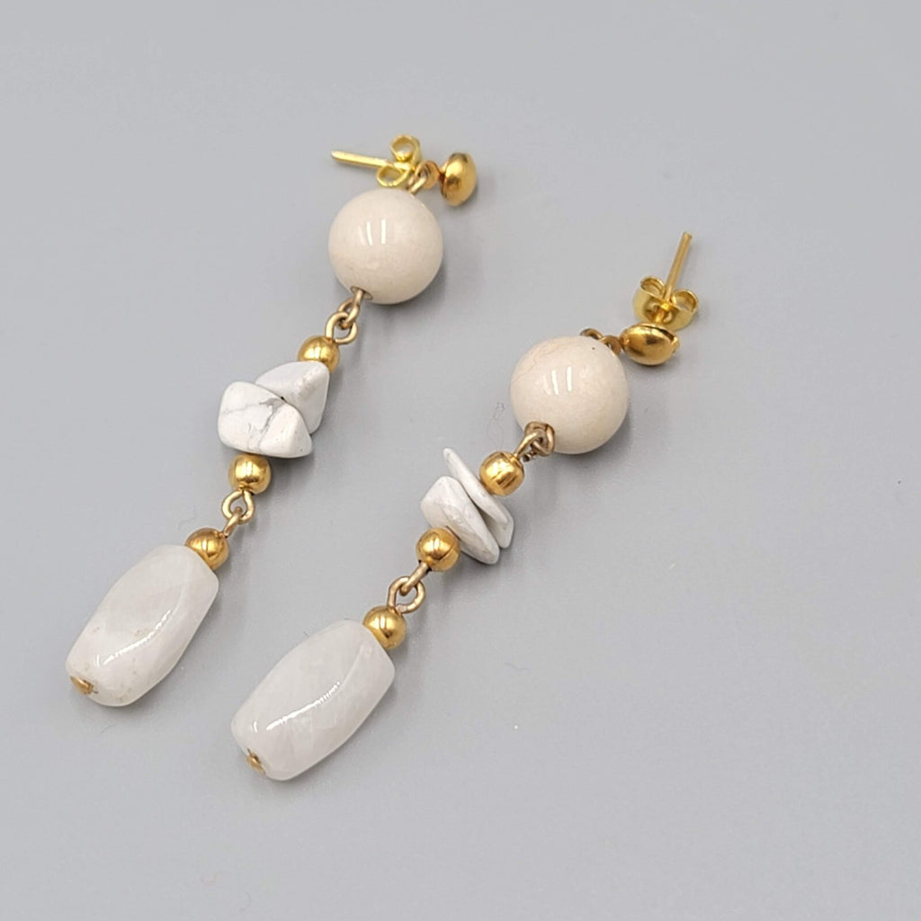 Vintage Pierced Earrings Gold tone White Stone Bead 2.25"