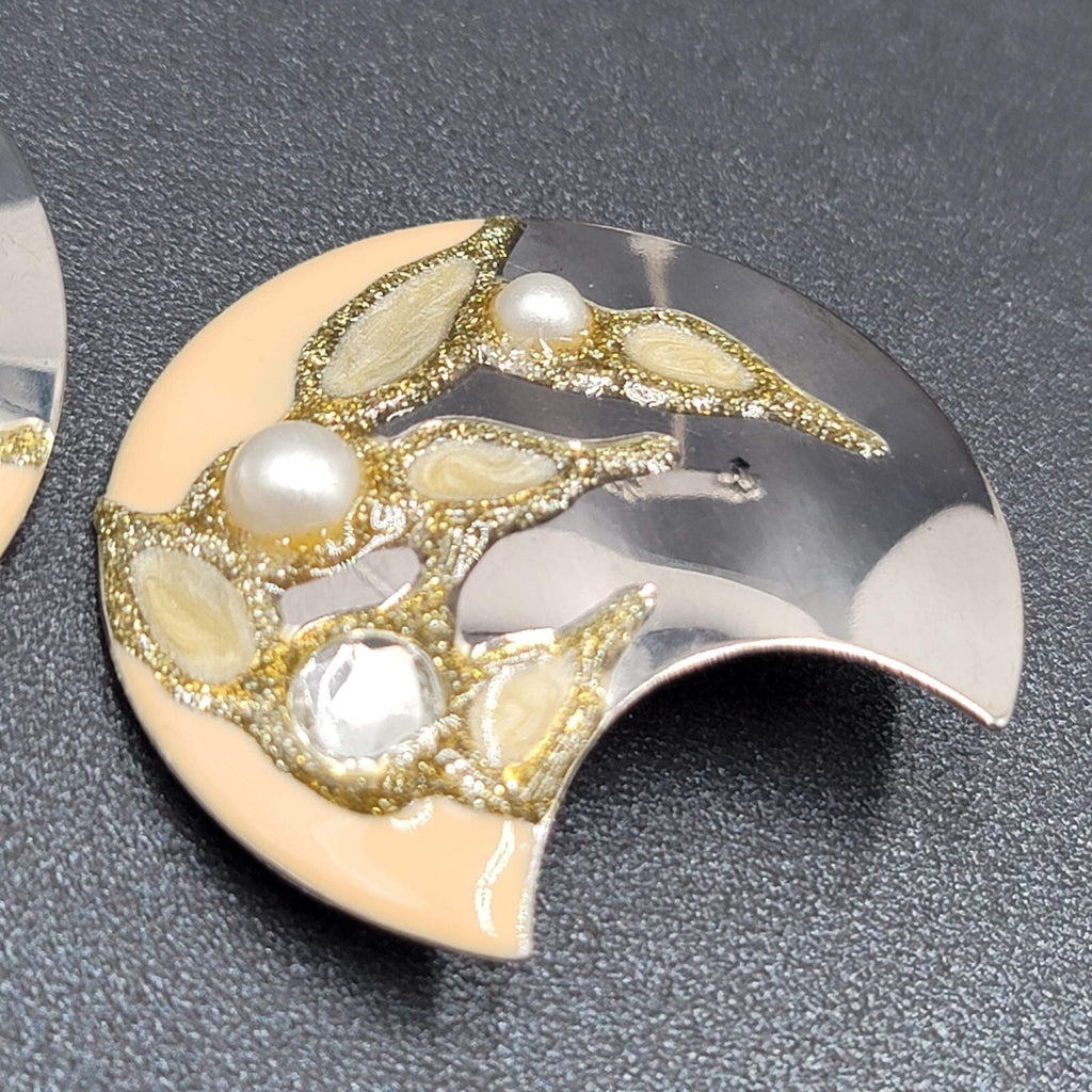 Vintage Clip on Earrings Silver tone Large Statement Enamel Glitter 1.75"