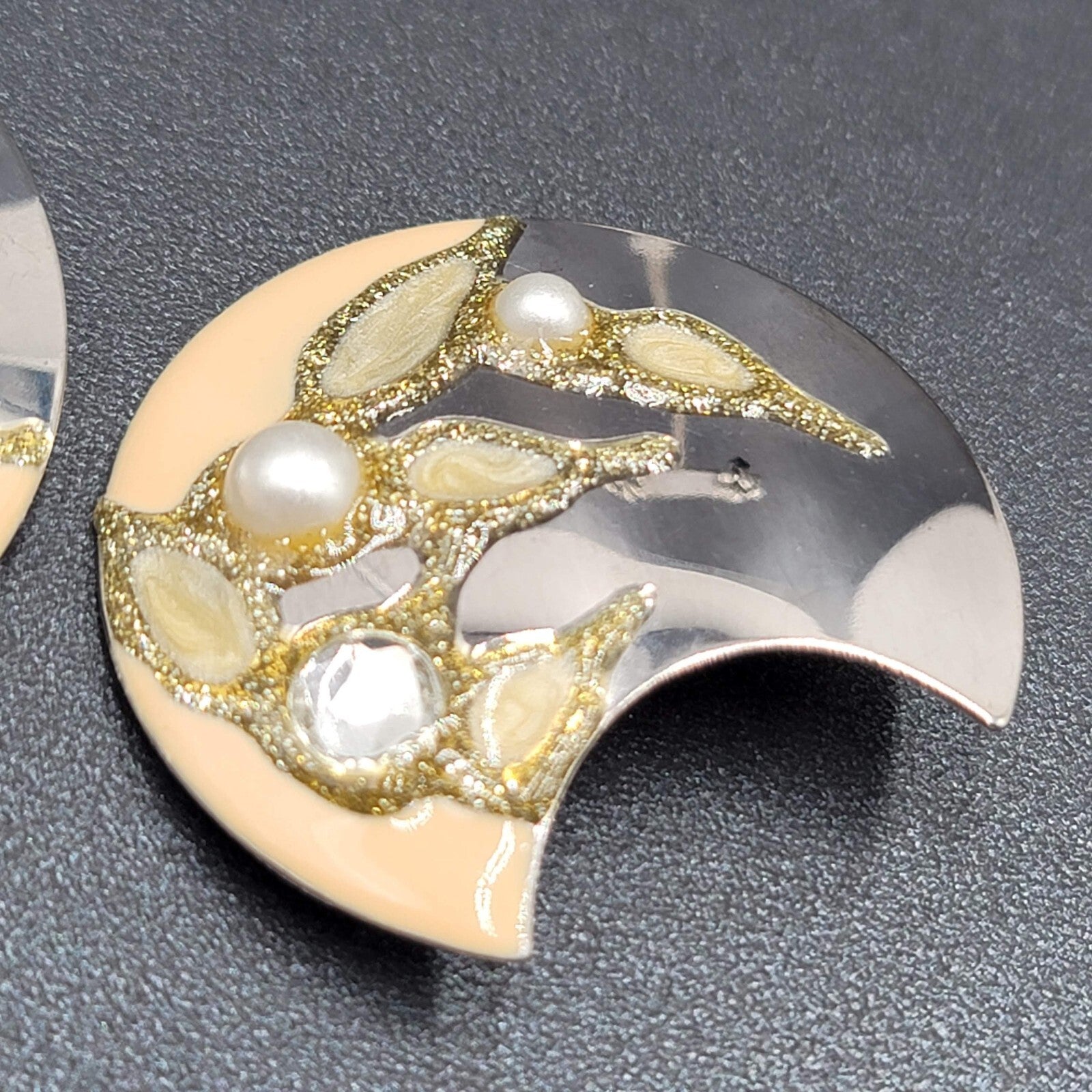 Vintage Clip on Earrings Silver tone Large Statement Enamel Glitter 1.75"