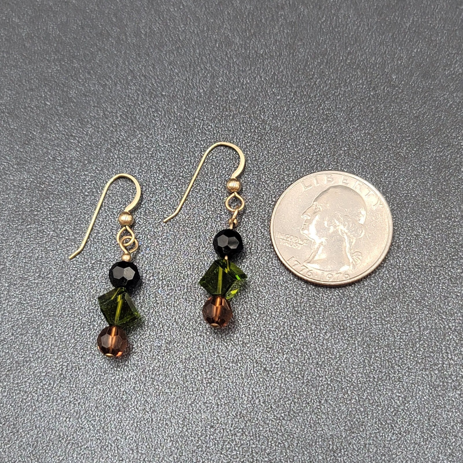 Pierced Earrings Gold tone Black Green Brown Crystal Bead Dangle 1"