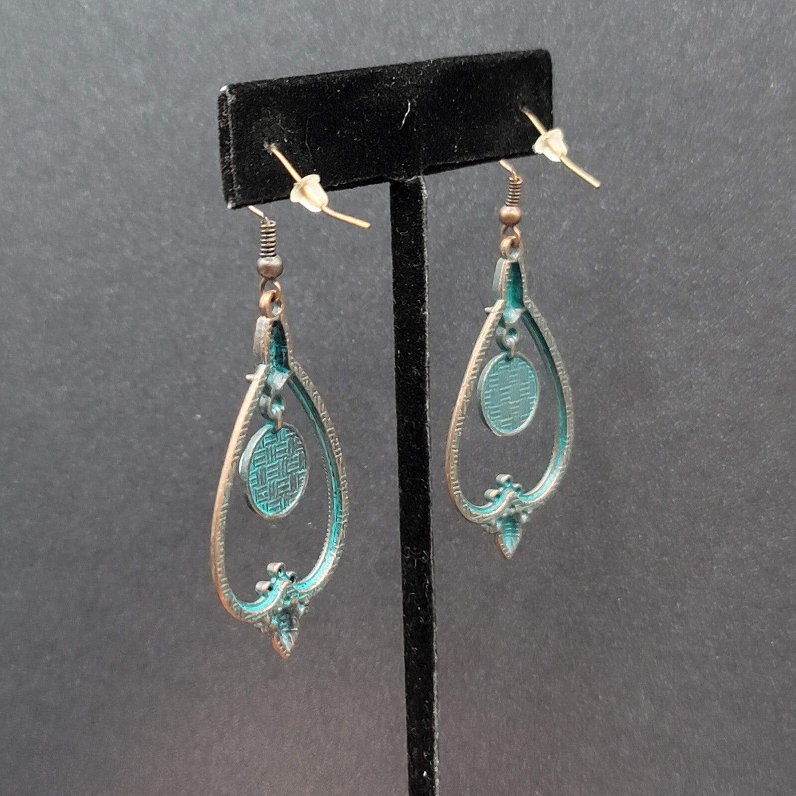 New Boho Pierced Earrings Copper tone Green Enamel Faux Turquoise Dangle 1.75"