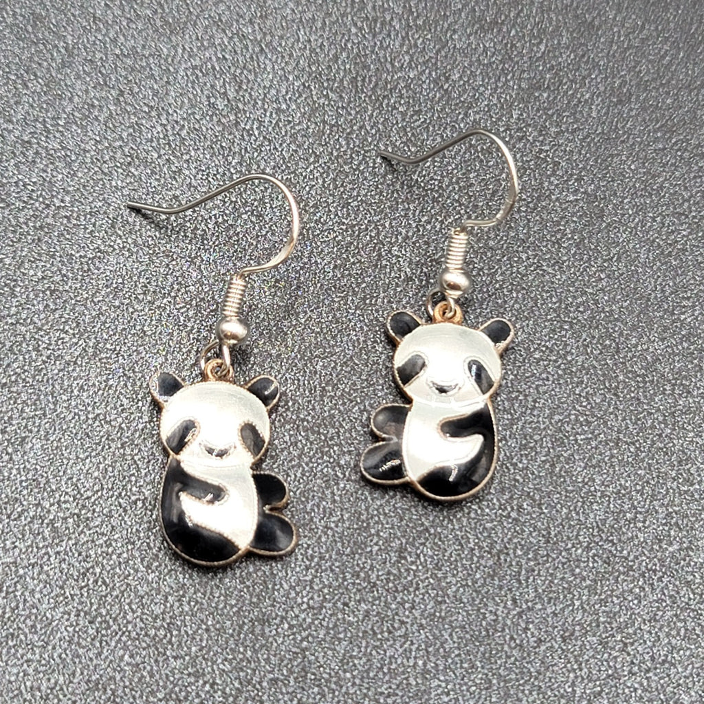 Panda Sterling Silver Pierced Earrings Enamel Dangle 3/4"
