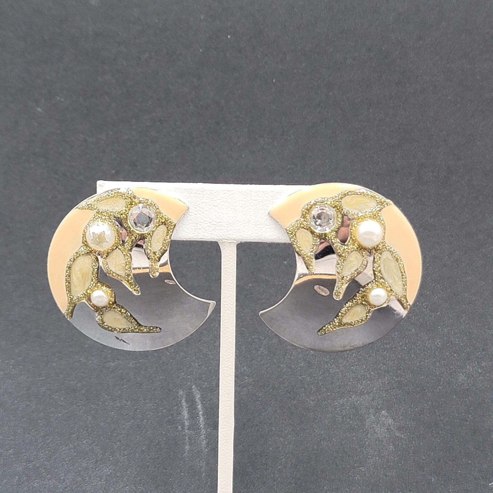 Vintage Clip on Earrings Silver tone Large Statement Enamel Glitter 1.75"