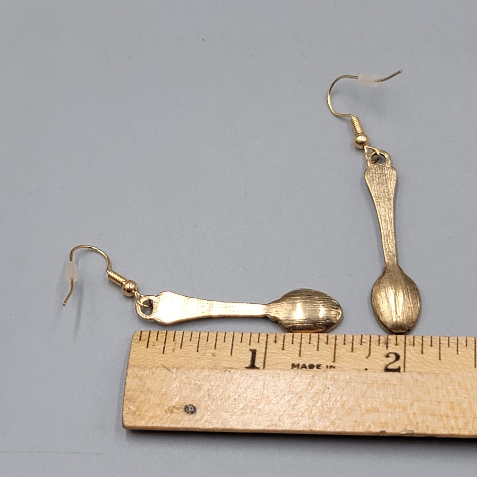 Ornate Spoon Pierced Earrings Dangled Antiqued Gold Tone Embossed 1.5"