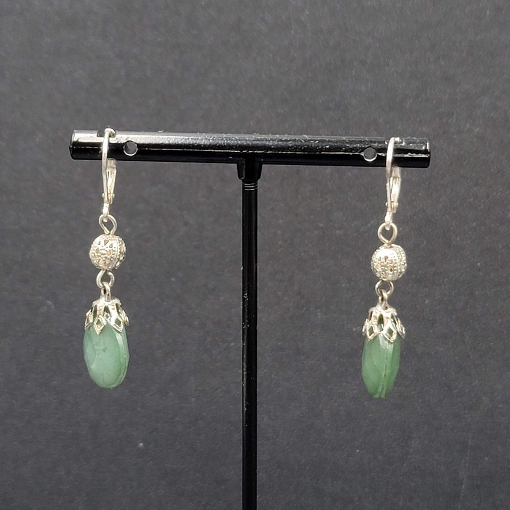 Pierced Earrings Lightweight Green Teardrop Bead Silver tone Dangle 1.25"