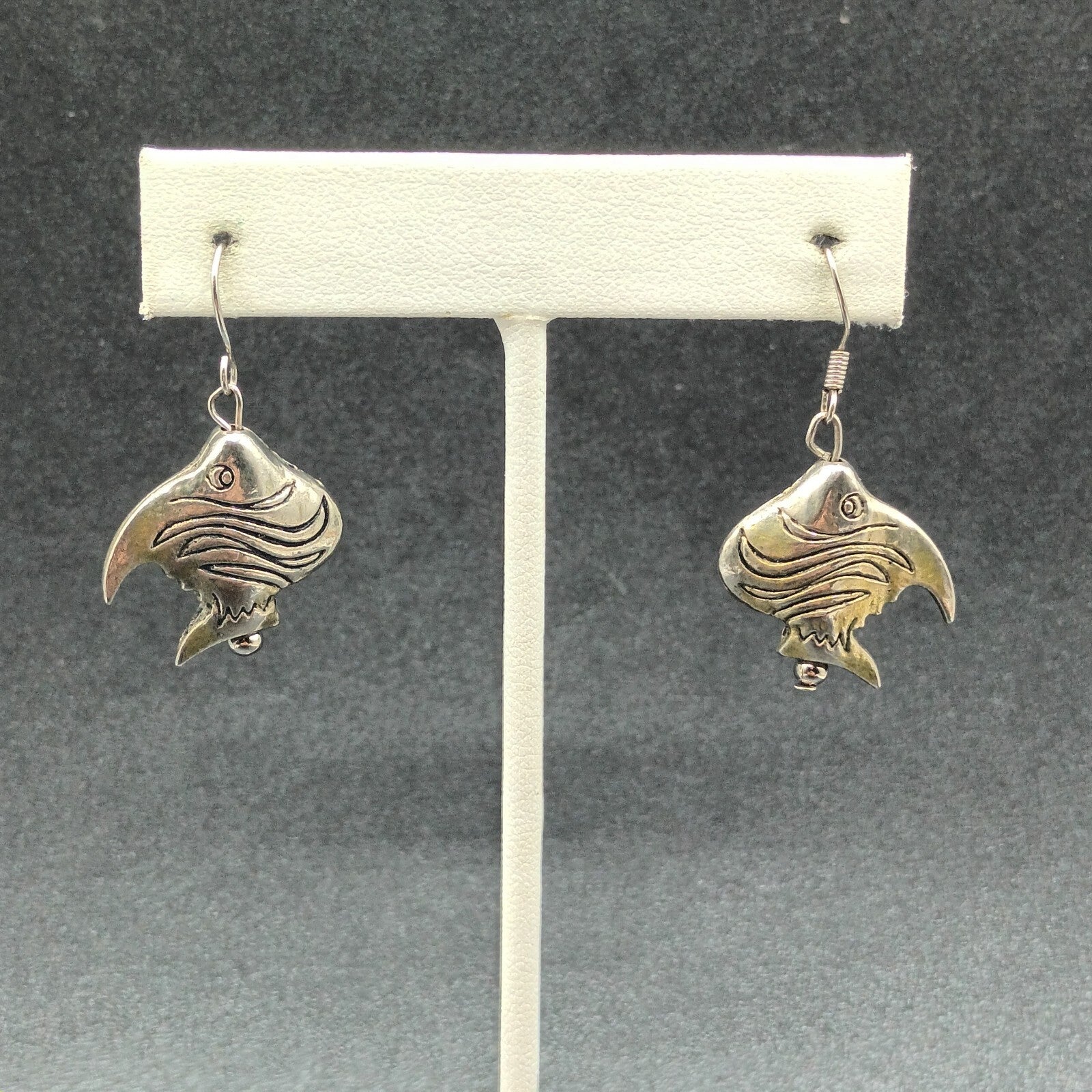 Vintage Pierced Earrings Silver tone Angel Fish Bead Statement Dangle 7/8"