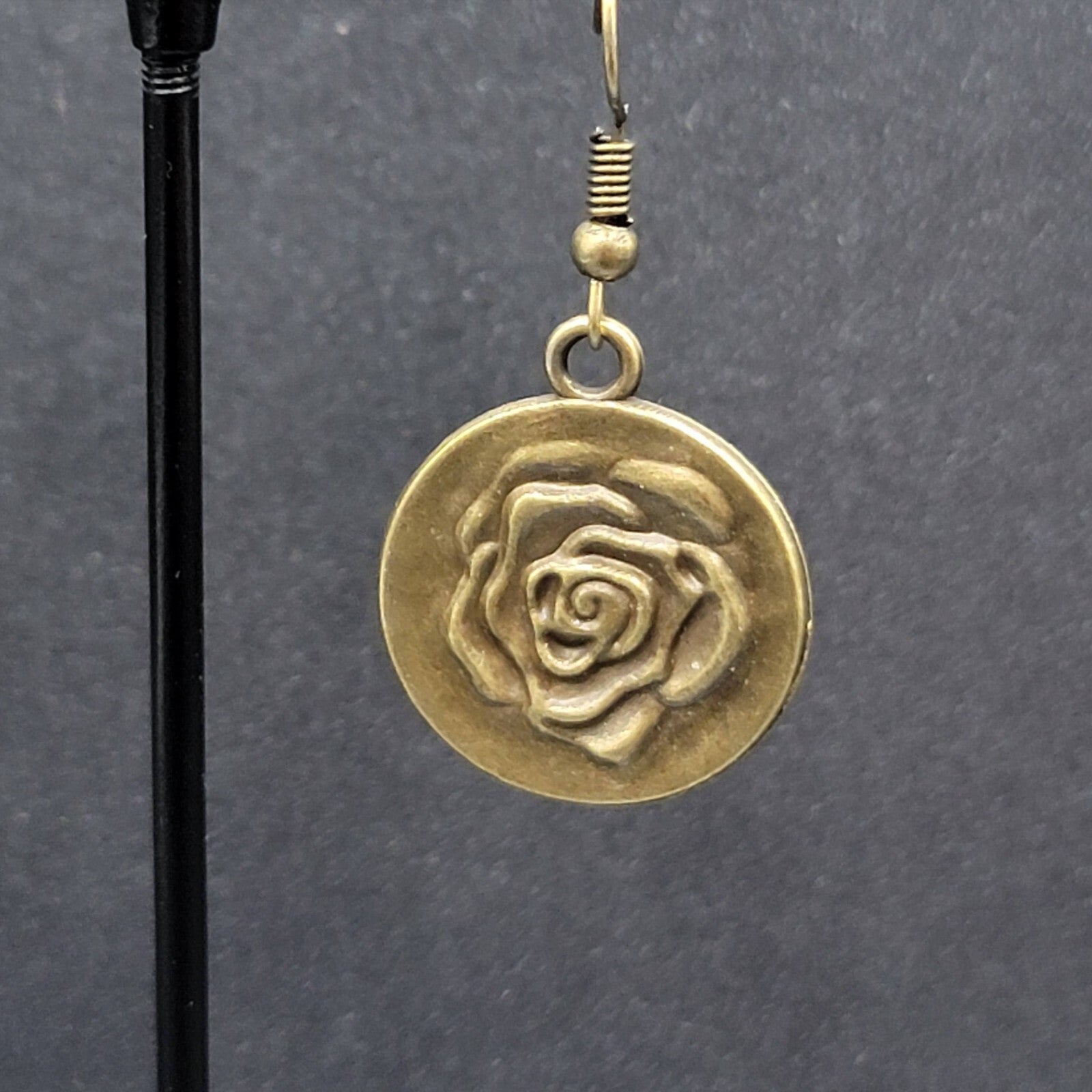 New Embossed Rose Flower Hat Pierced Earrings Bronze tone Round Dangle 1"