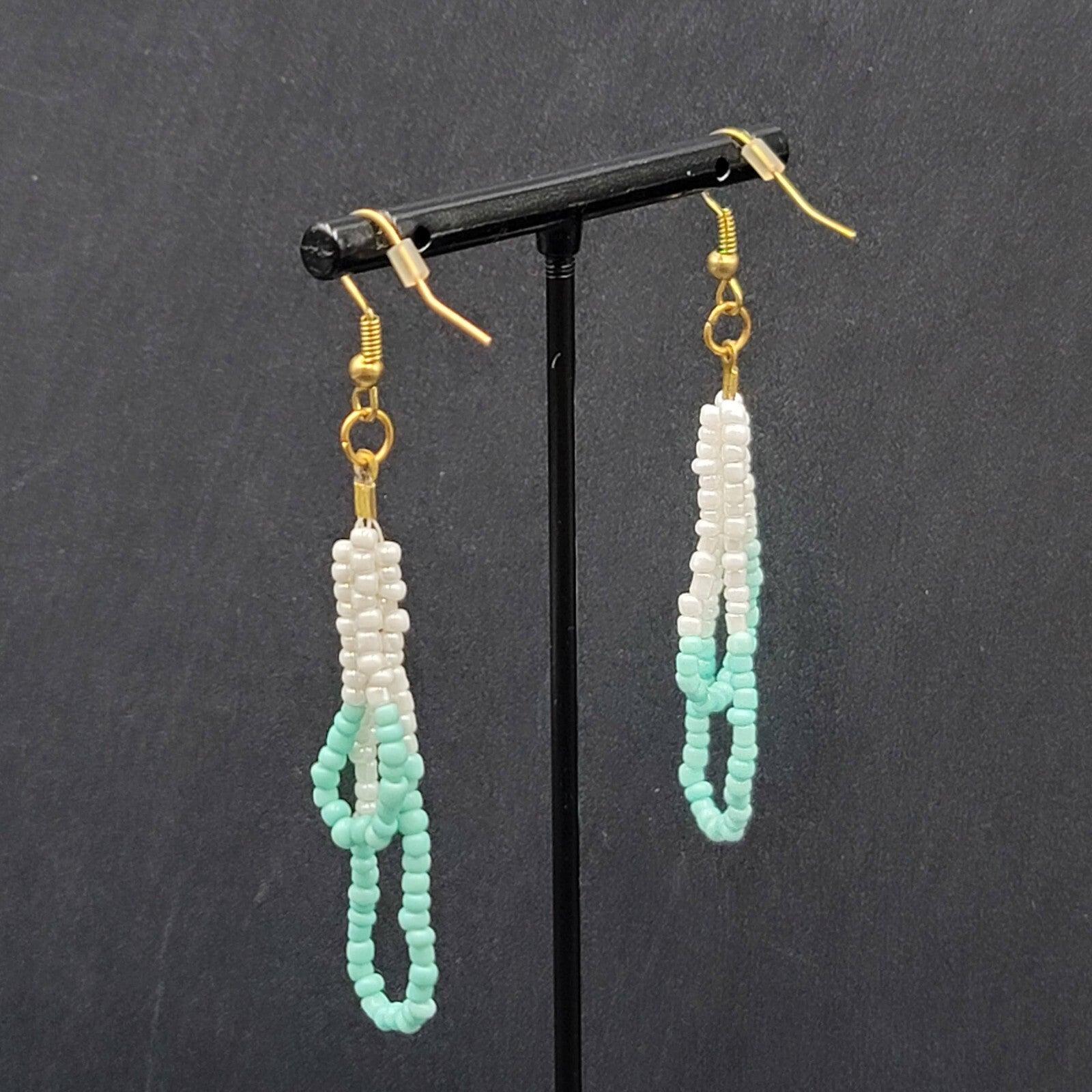 Pierced Earrings White Mint Green Seed Bead Dangle Loops 2.25"