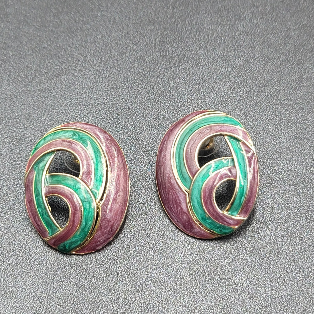 Vintage Pierced Earrings Purple Teal Blue Swirl Enamel Gold tone Drop 1.5"