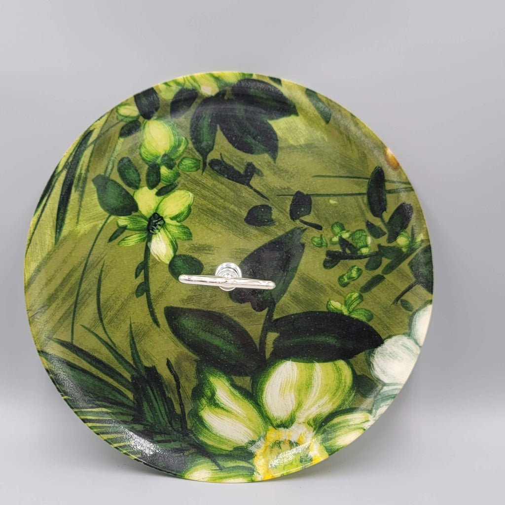 Vintage MCM Fiberglass Serving Tray Round Green Flowers 11"