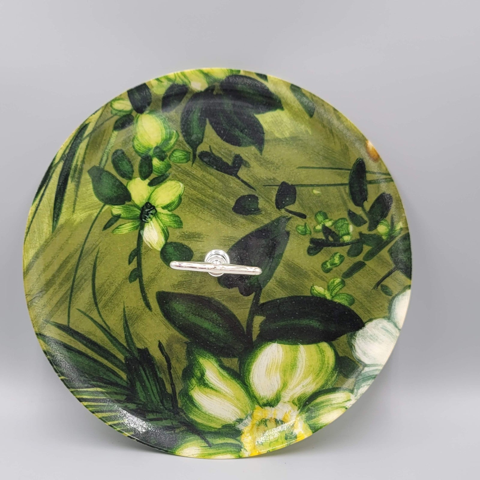 Vintage MCM Fiberglass Serving Tray Round Green Flowers 11"