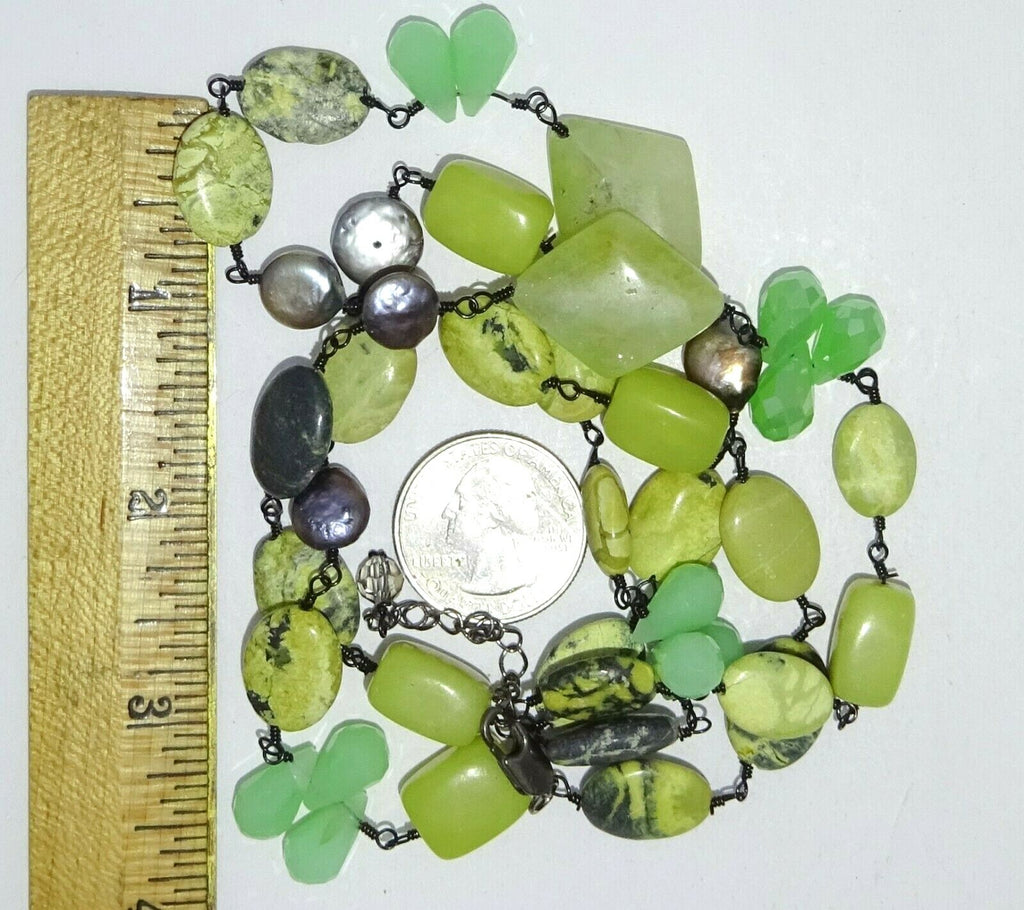 Jasper Aventurine Pearl Gemstone Bead Necklace 30" Adjustable