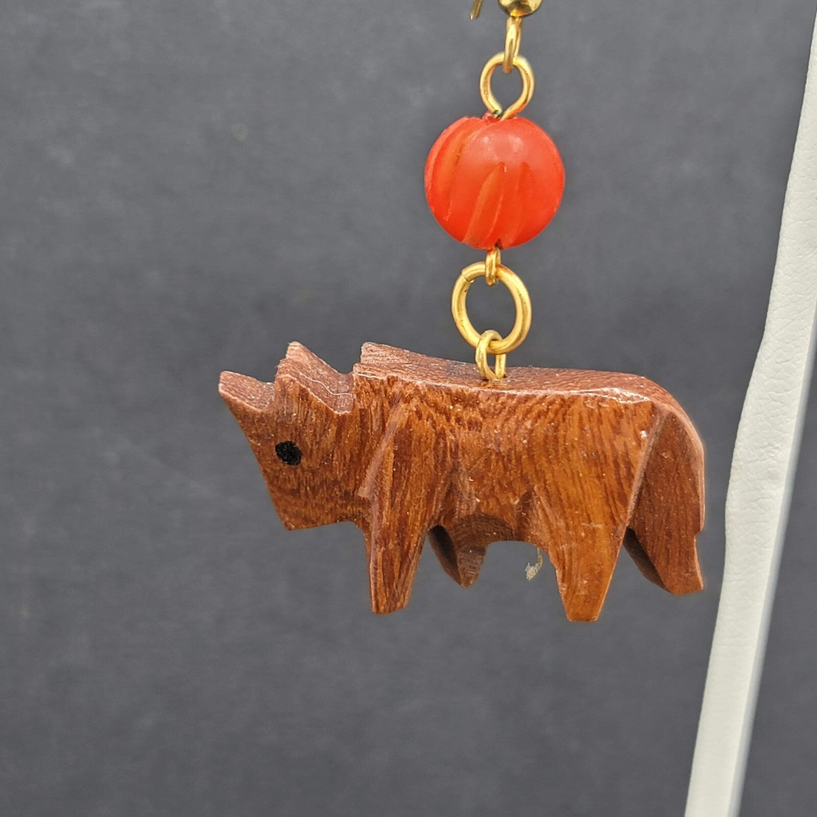 Hand Carved Wooden Animal Dangle Earrings Orange Bead 1.5"