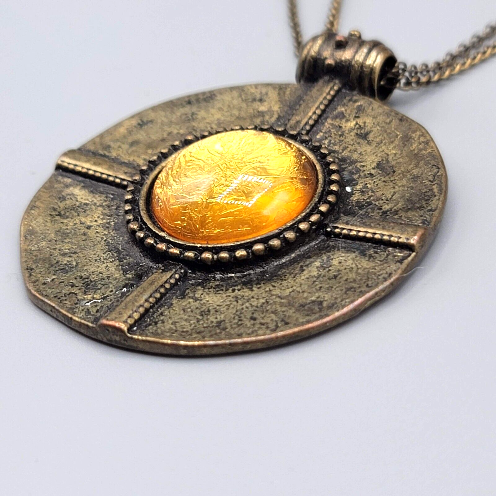 Large Medallion Pendant Necklace Bronze tone Yellow Glass 28"-31" Double Chain