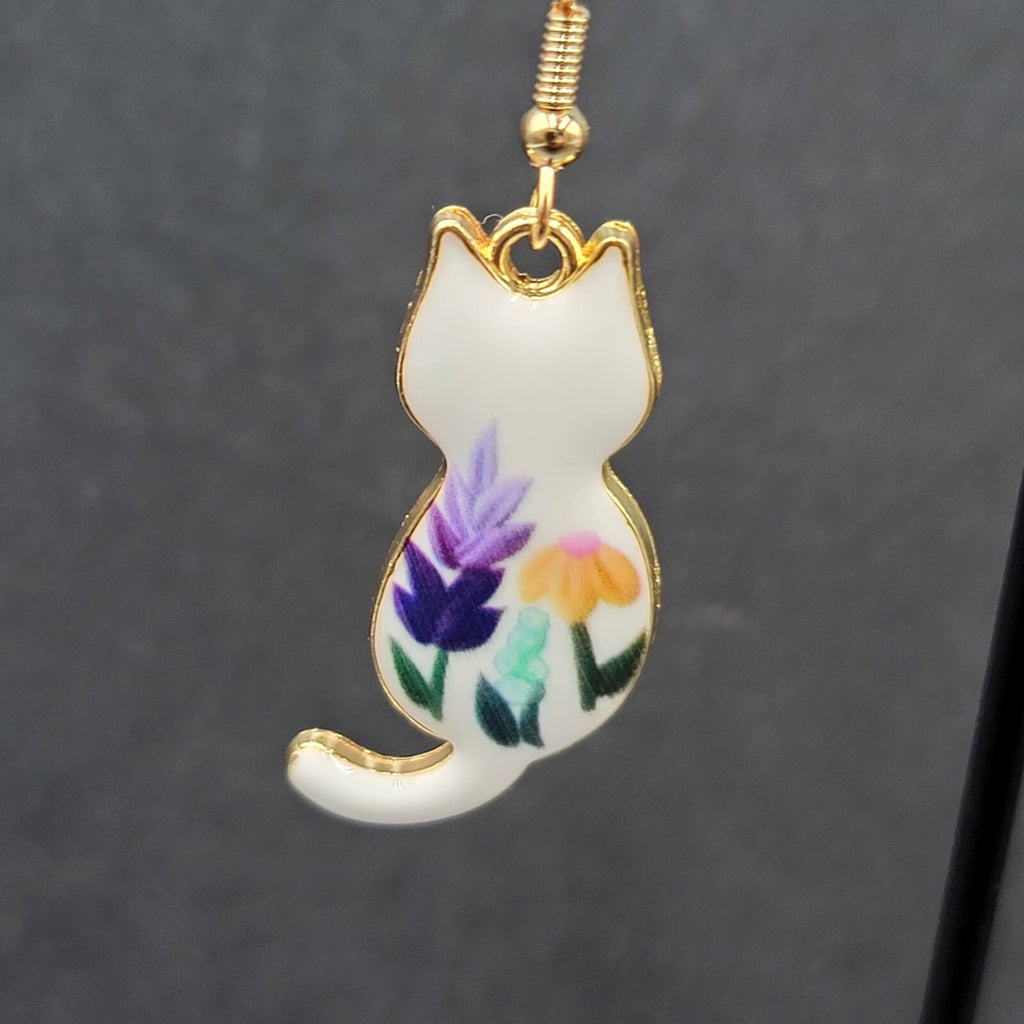 Pierced Earrings Gold tone Cat White Enamel Flowers Dangle 1.25"