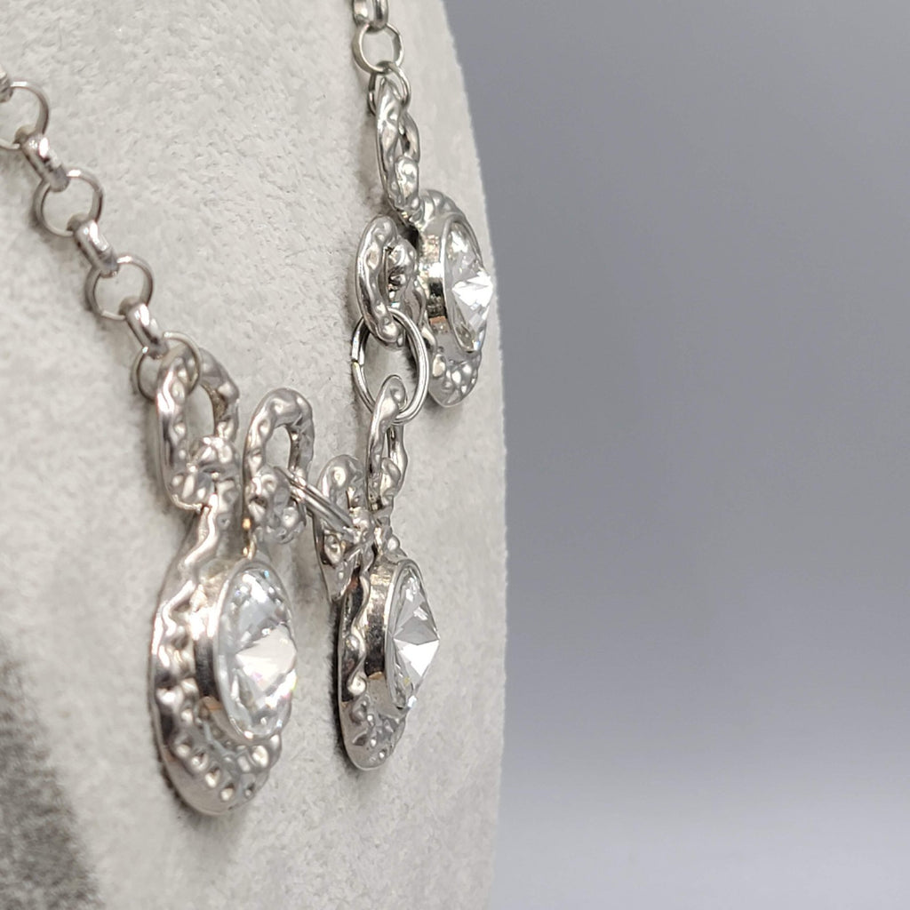 Large Clear Rivoli Rhinestone Necklace Silver tone Statement 18 in