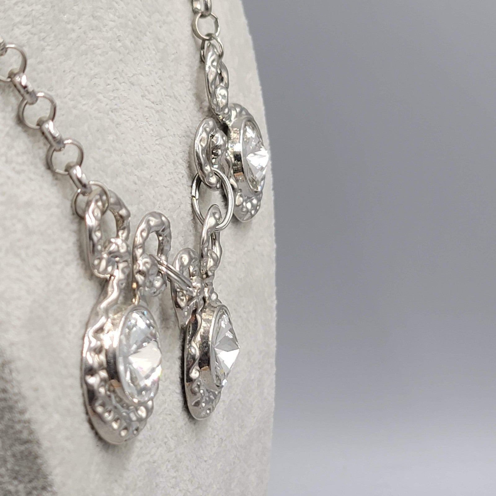 Large Clear Rivoli Rhinestone Necklace Silver tone Statement 18 in