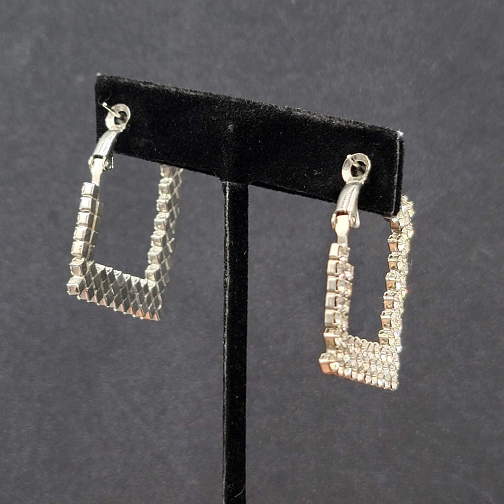 Pierced Earrings Rhinestone Square Hoops Silver tone 1.25"