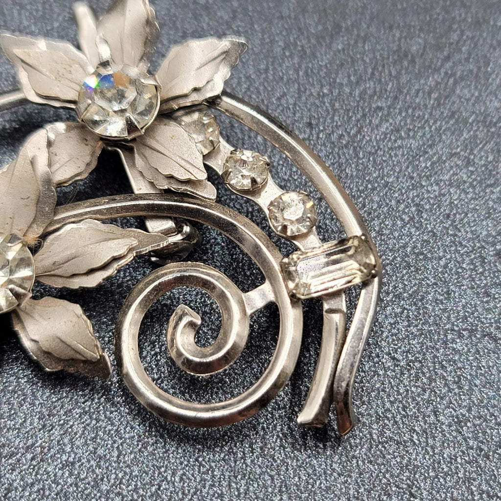 Vintage Brooch Blue Rhinestone Silver tone Pendant 2.25" Estate Jewelry