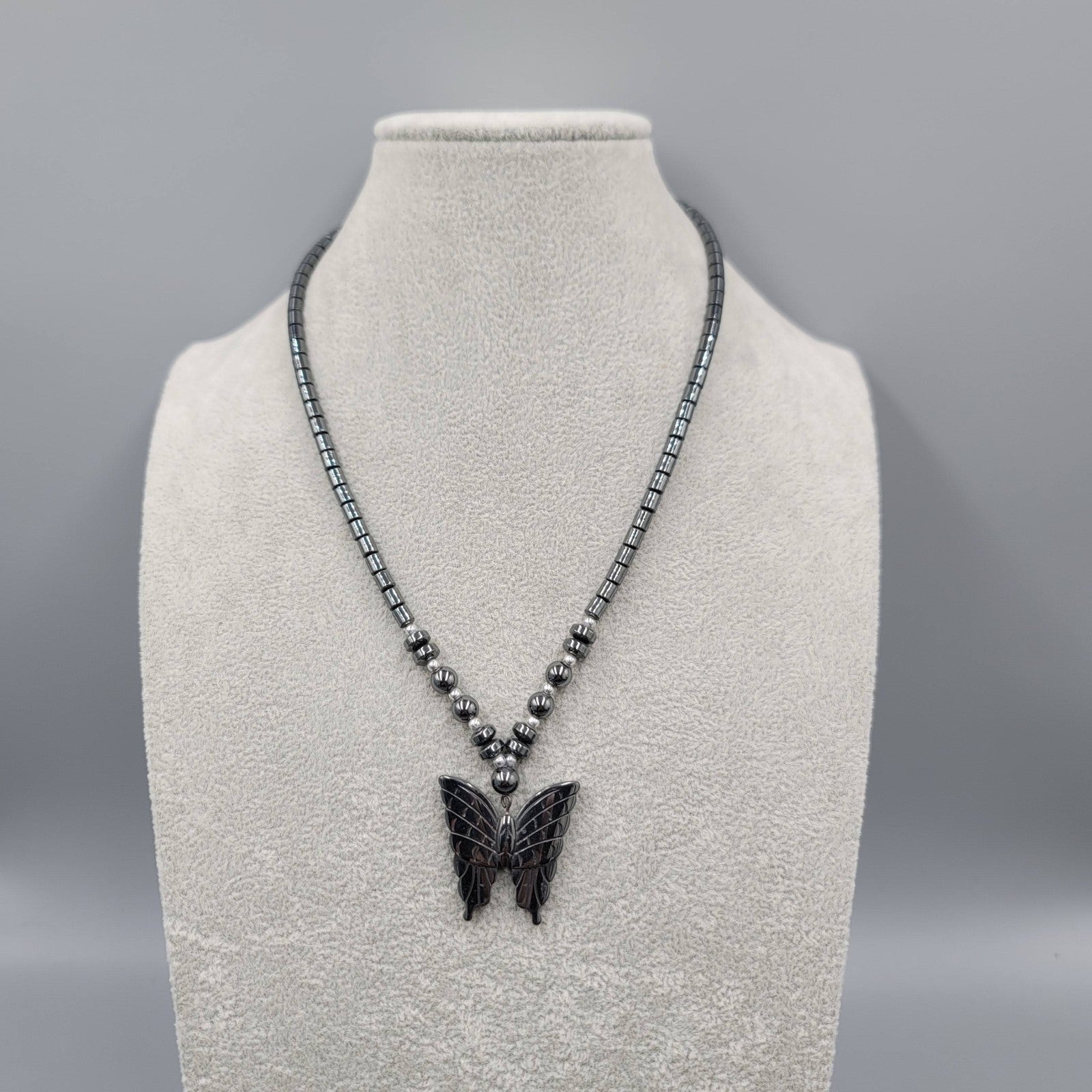 Vintage Butterfly Necklace Hematite Stone Beaded Pendant 18 in