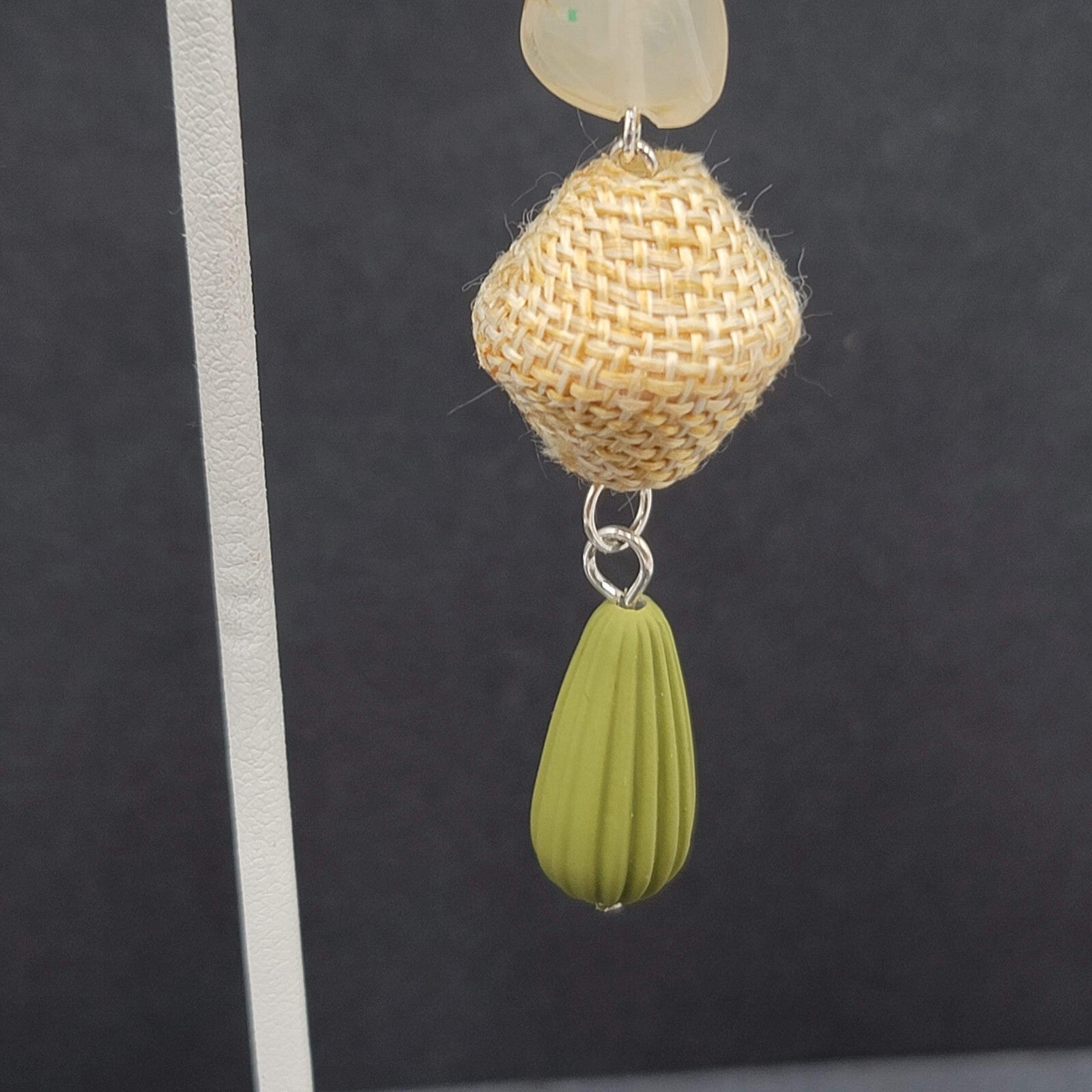 Boho Pierced Earrings Silver tone Acrylic Bead Canvas Dangle 3"