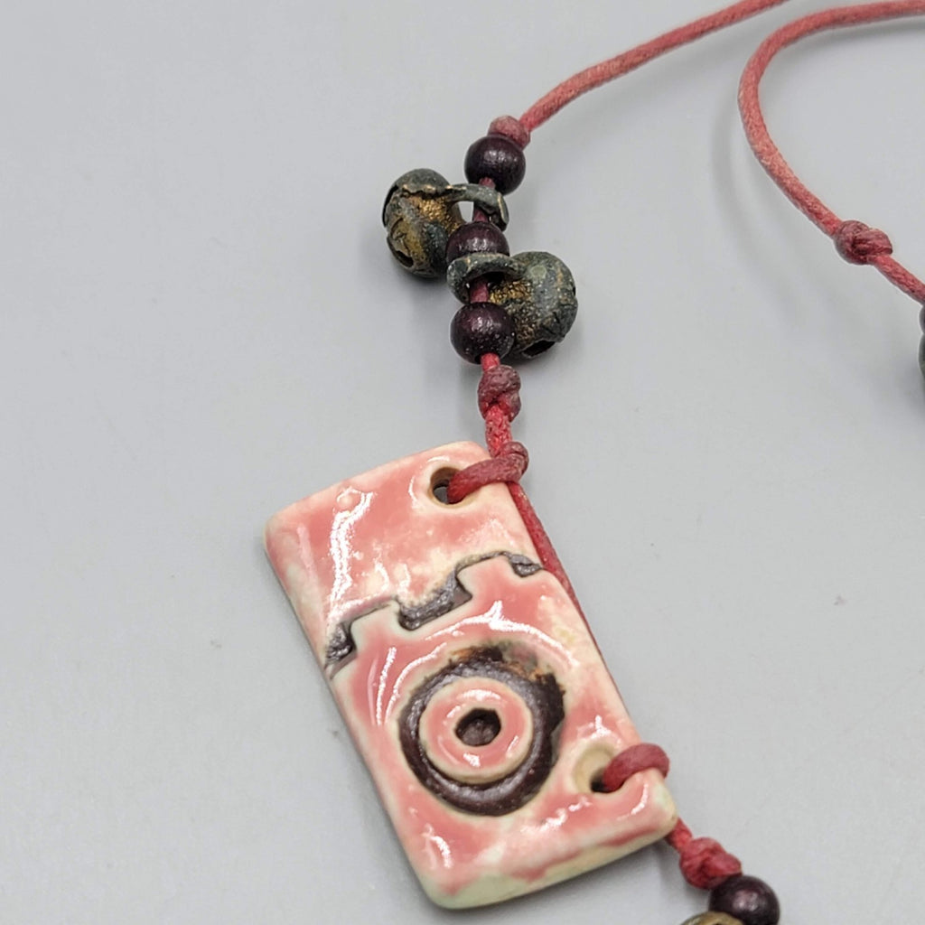 Artisan Necklace Handmade Art Pottery Bells Hand Knotted Cord 16"-18"