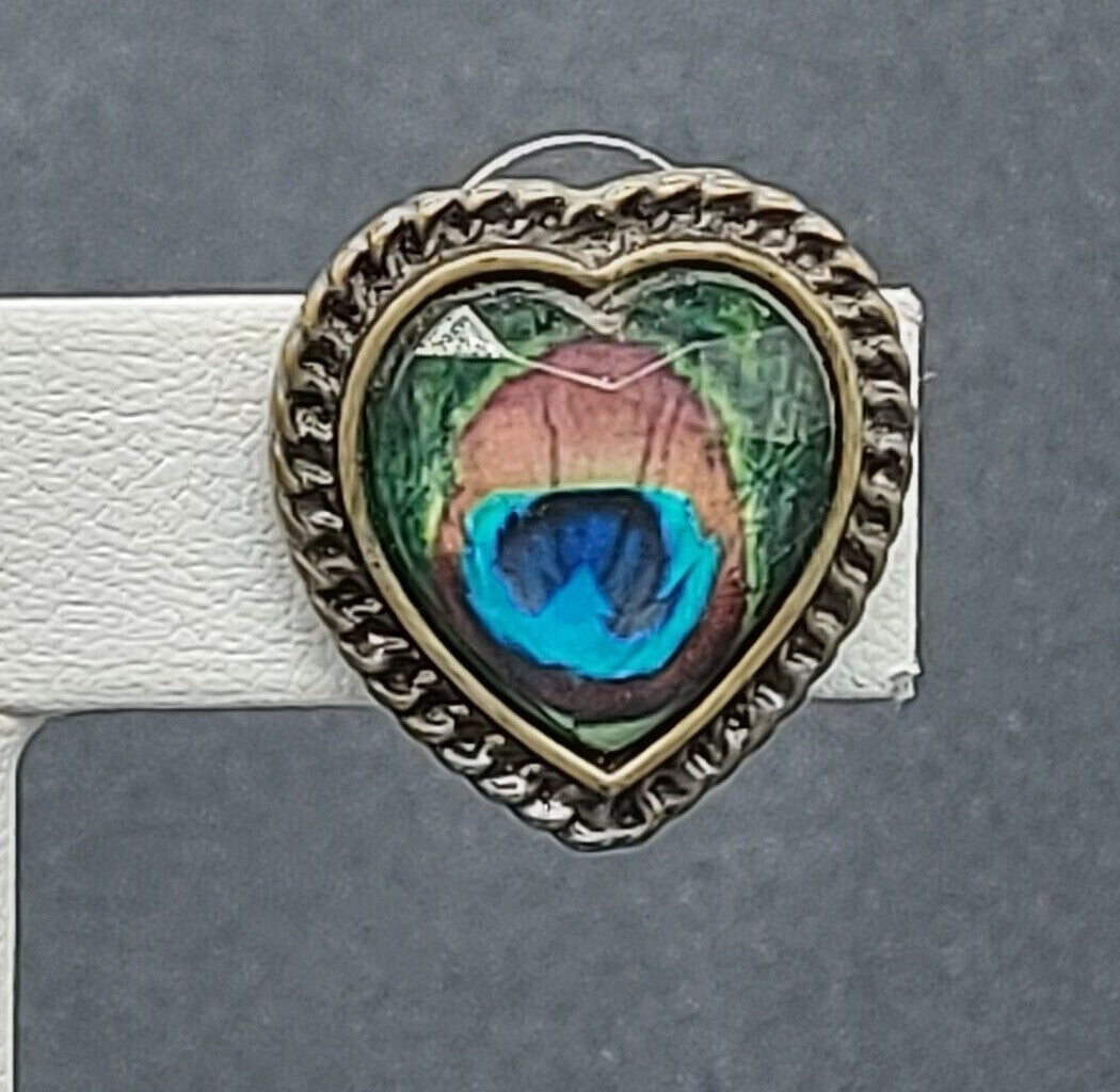 Pierced Earrings Acrylic Peacock Design Heart Studs 7/8"