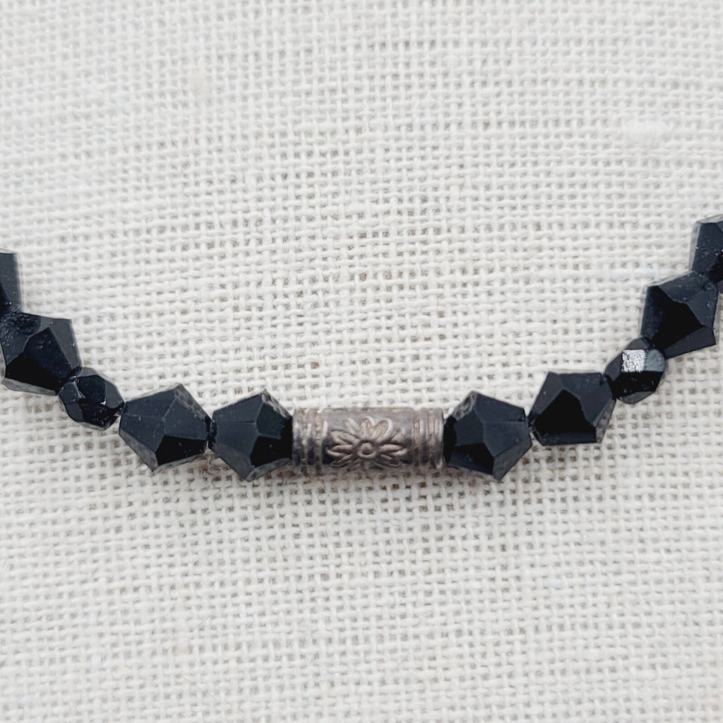 Vintage Necklace Black Rivoli Glass Beaded 16"