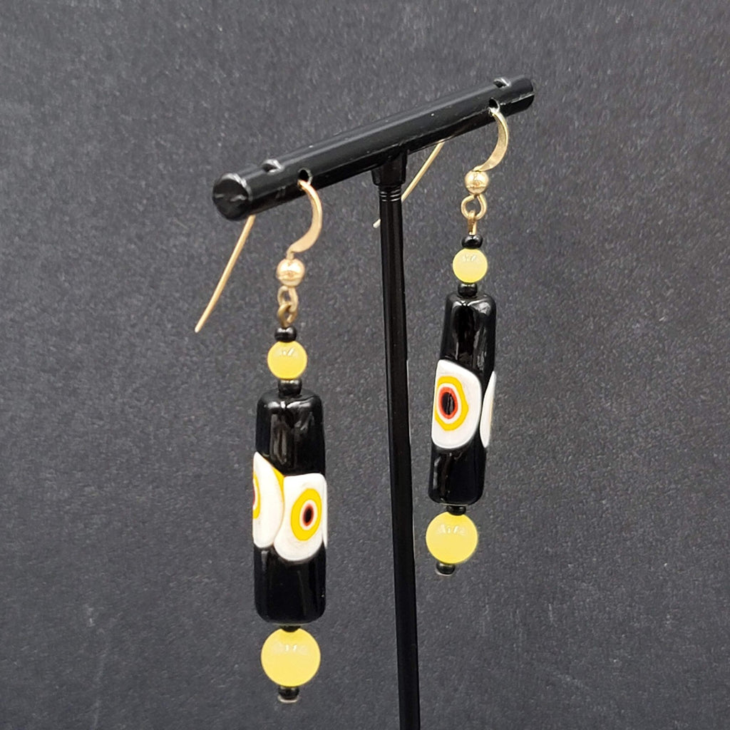 Pierced Earrings Gold tone Black Yellow White Art Glass Barrel Bead 1 7/8"