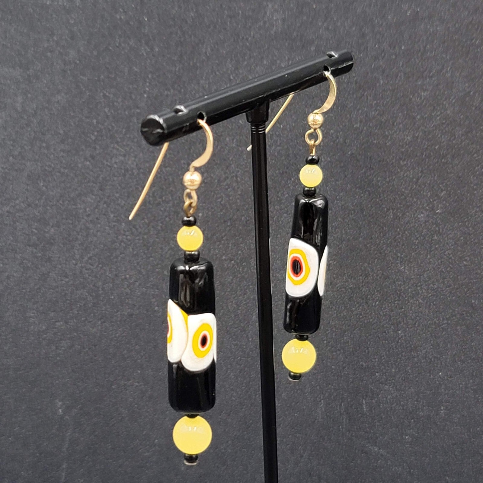 Pierced Earrings Gold tone Black Yellow White Art Glass Barrel Bead 1 7/8"
