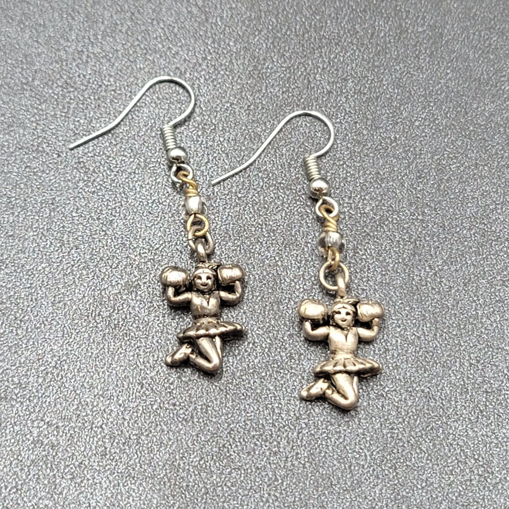 Cheerleader Pierced Earrings Silver tone Beaded Dangle 1.25"