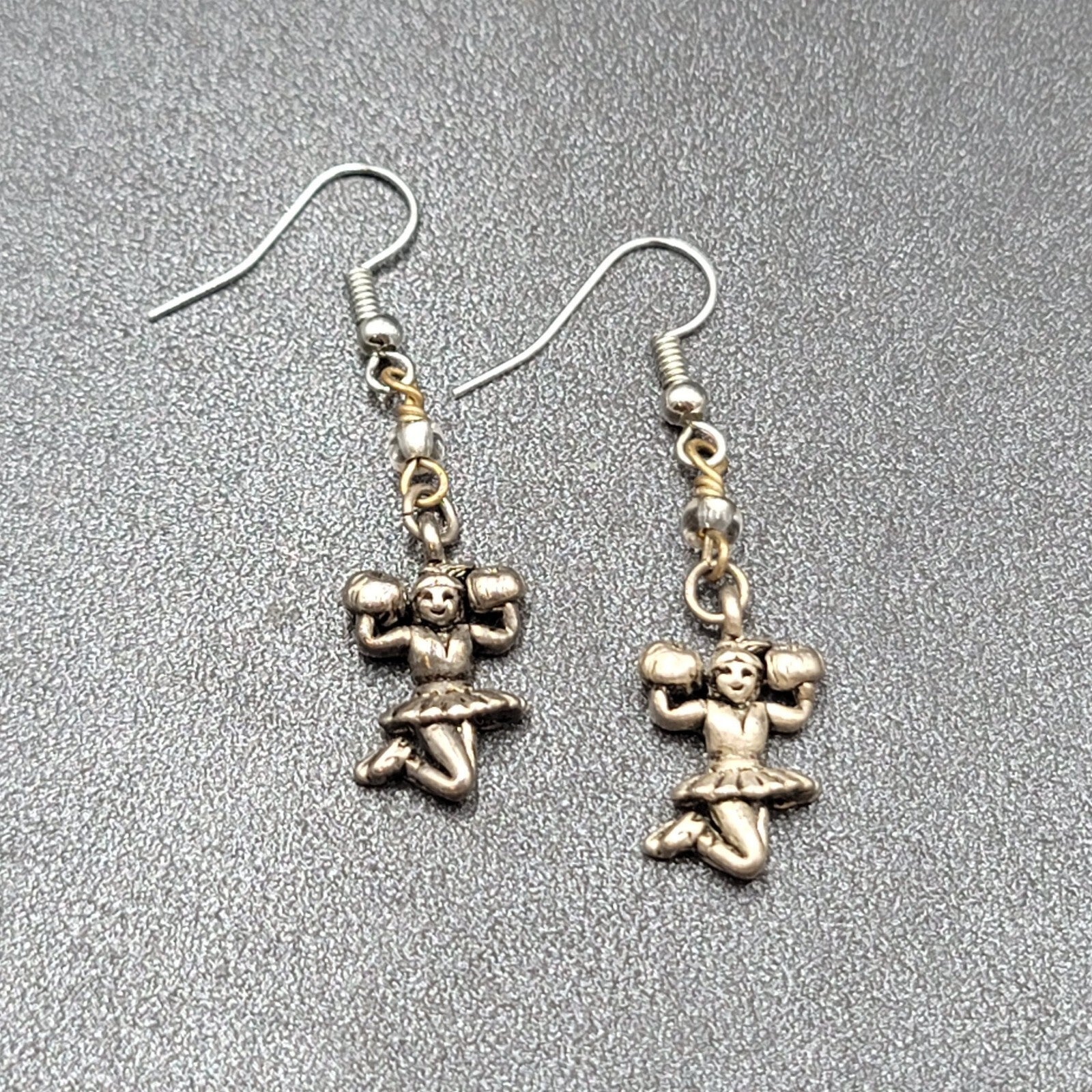 Cheerleader Pierced Earrings Silver tone Beaded Dangle 1.25"