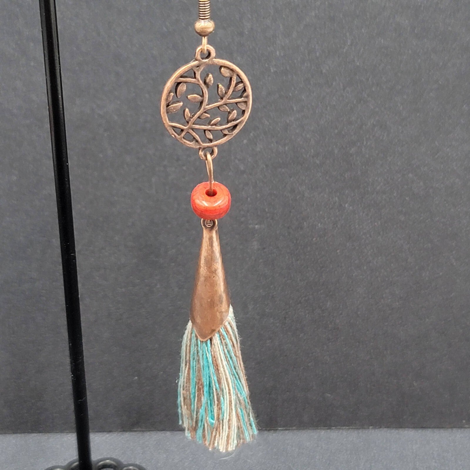 Pierced Earrings Copper tone Round Open Work Tassel Beaded Dangle 3"