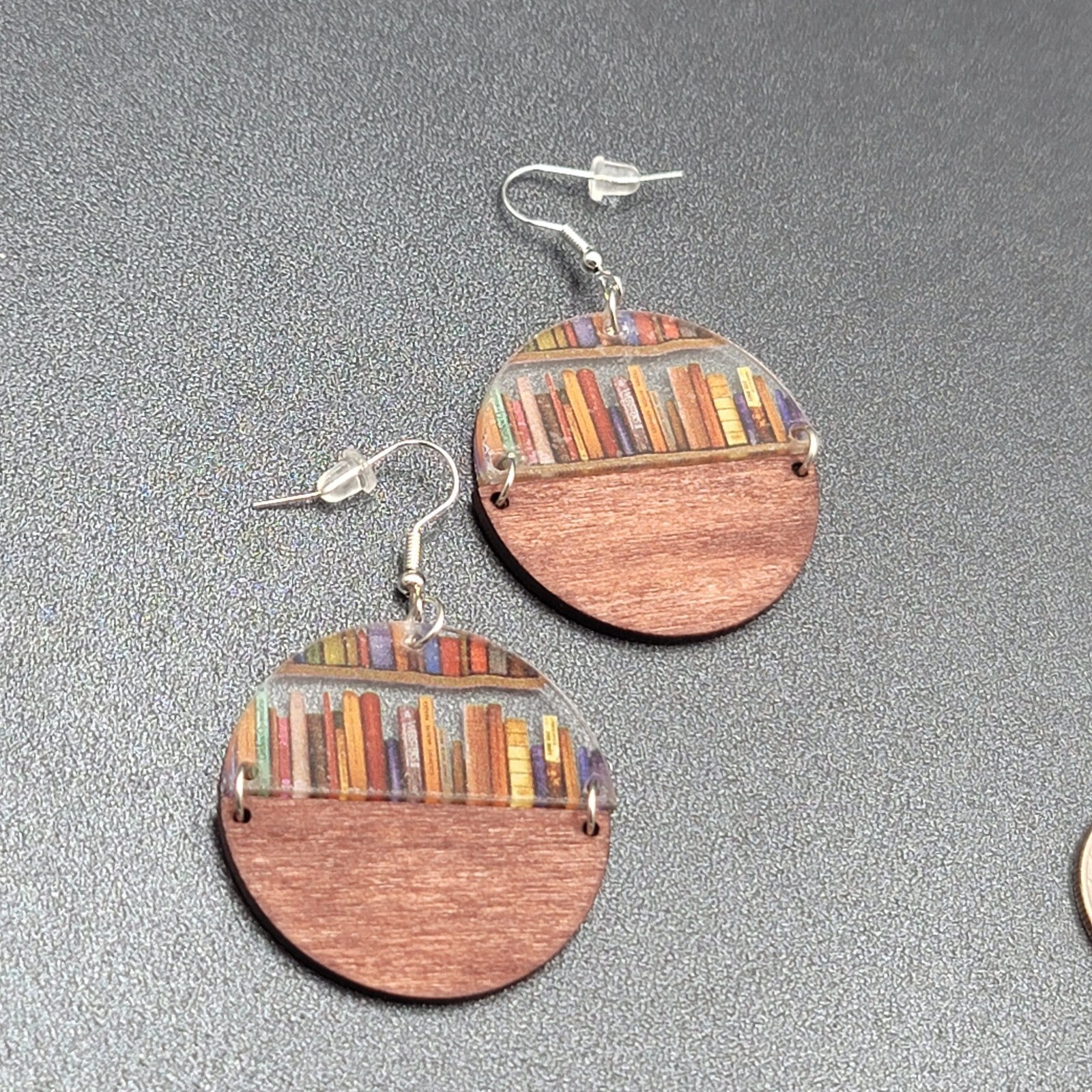 Pierced Earrings Wood and Resin Book Lovers Shelf Modernist Dangle 1 5/8"
