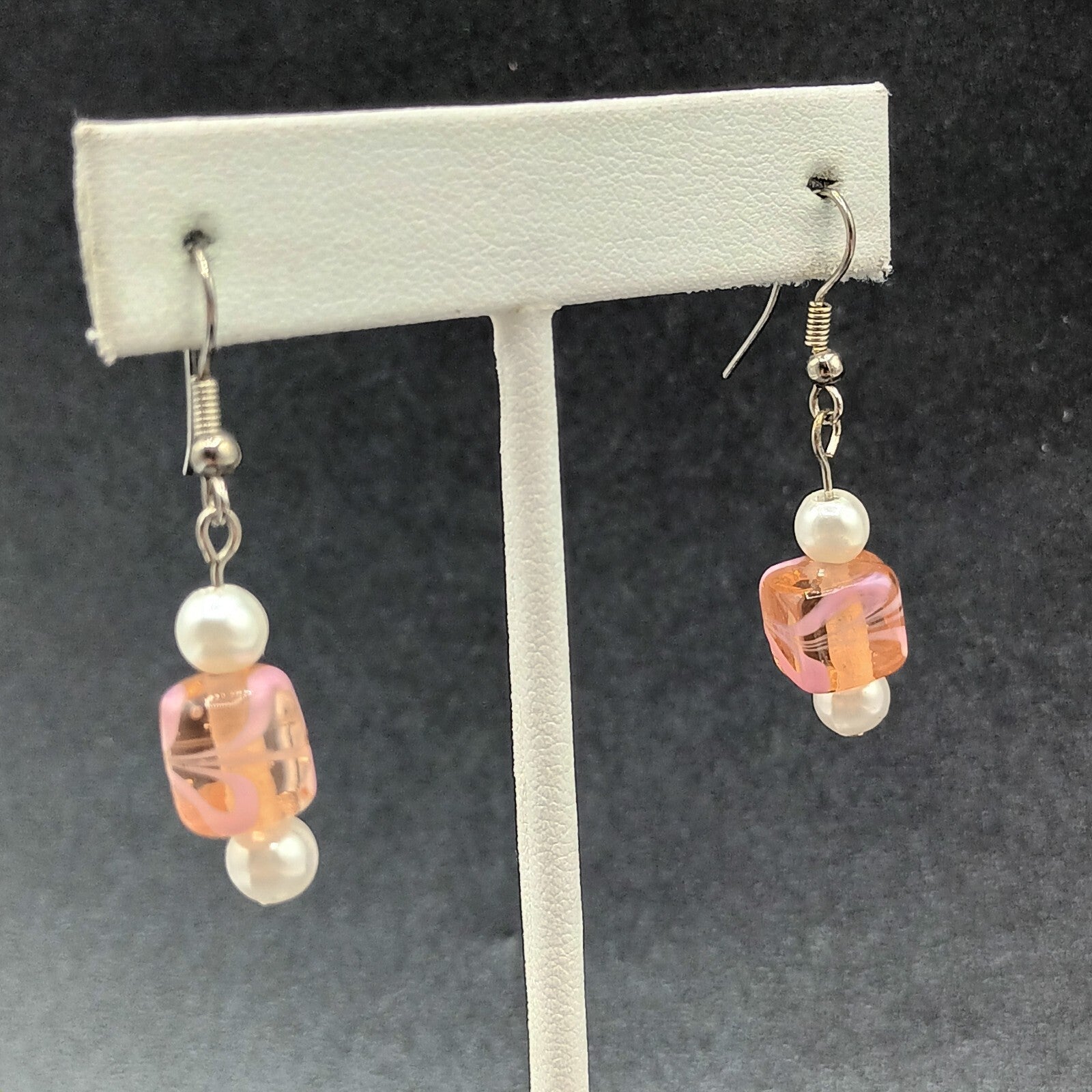Pierced Earrings Silver tone Pink Art Glass Faux Pearl Asymmetrical Dangle 1"