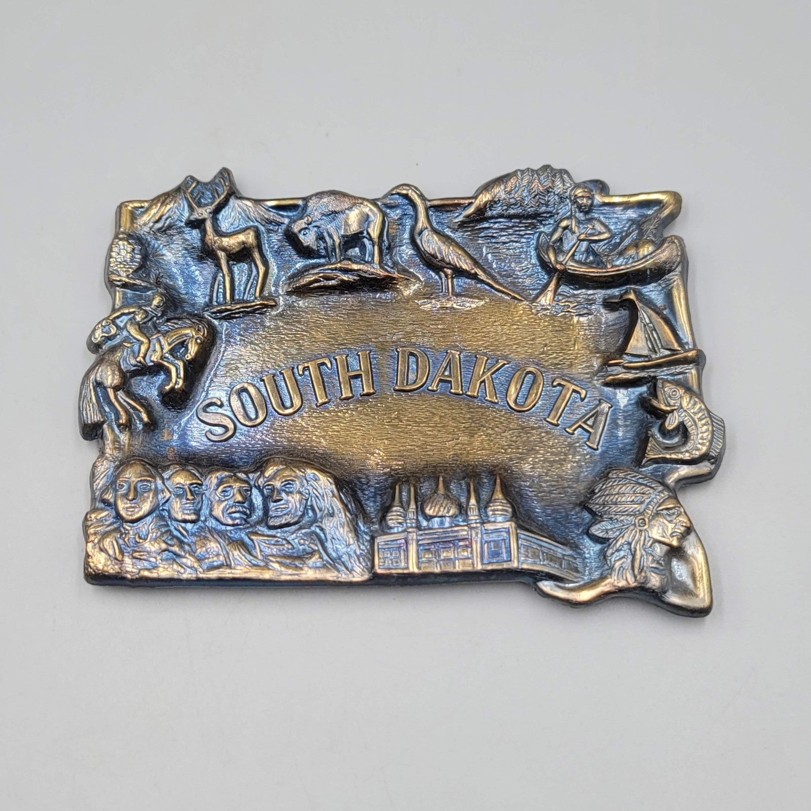 Vintage South Dakota Souvenir Metal Plaque Mount Rushmore Corn Palace Japan