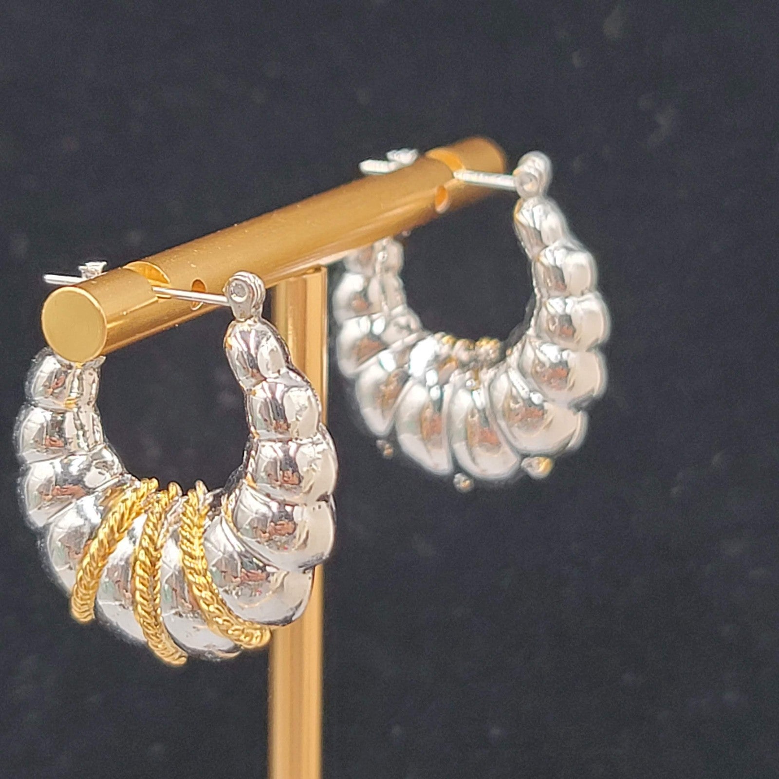 Puffy Hoop Pierced Earrings Gold tone Twisted Rope Detail Silver tone 1"
