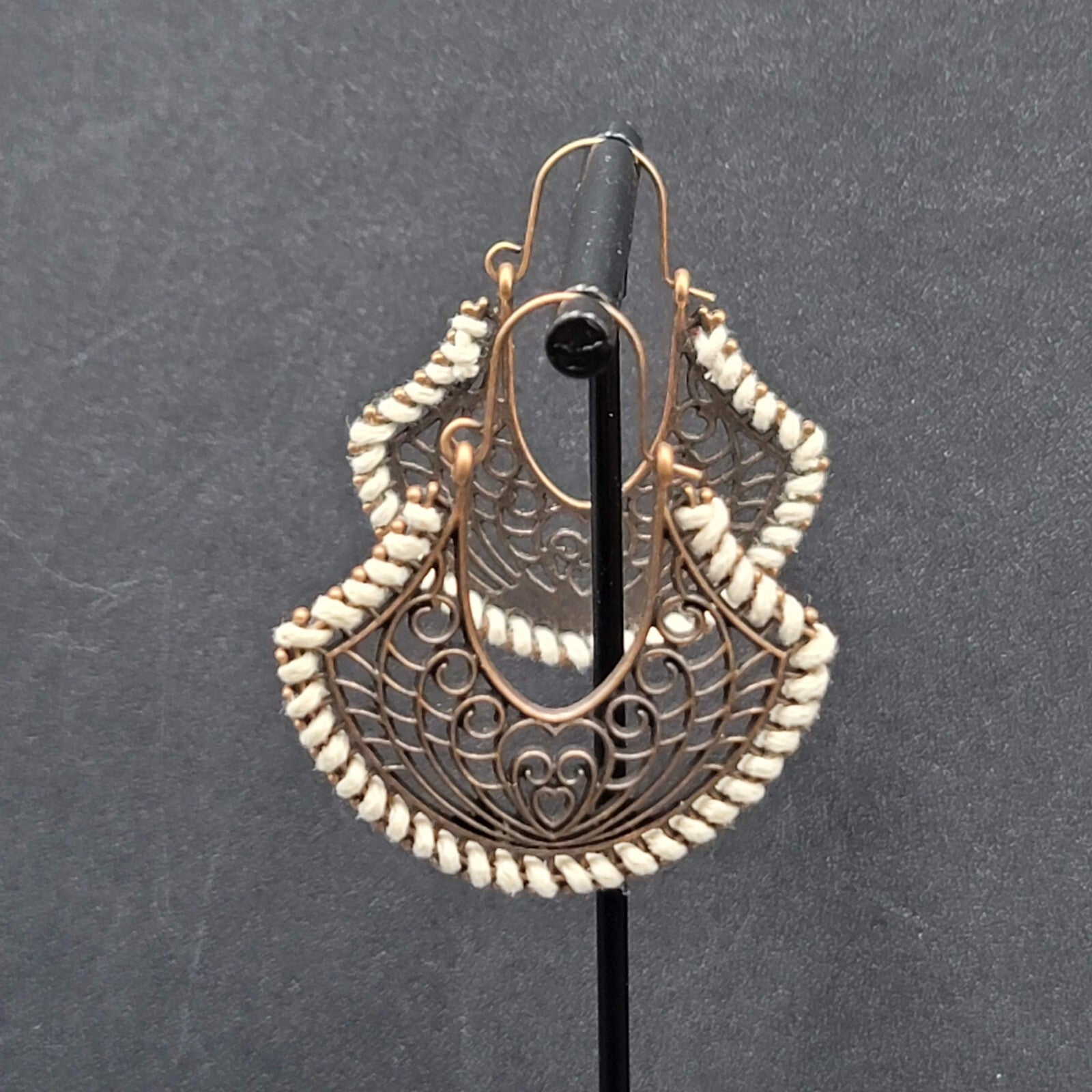 New Boho Pierced Earrings Bronze tone Open Work White Thread Hoops Dangle 1.75"