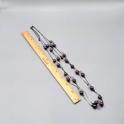 Double Black Chain Necklace Pink Glass Station Bead Long 28-30 in
