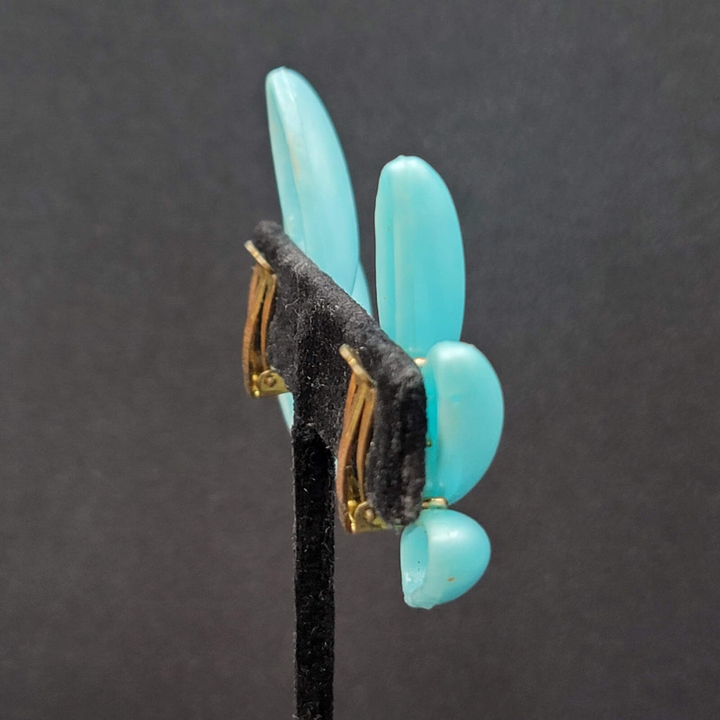 Vintage Clip on Earrings Lightweight Plastic Blue Climber W Germany 1 7/8"