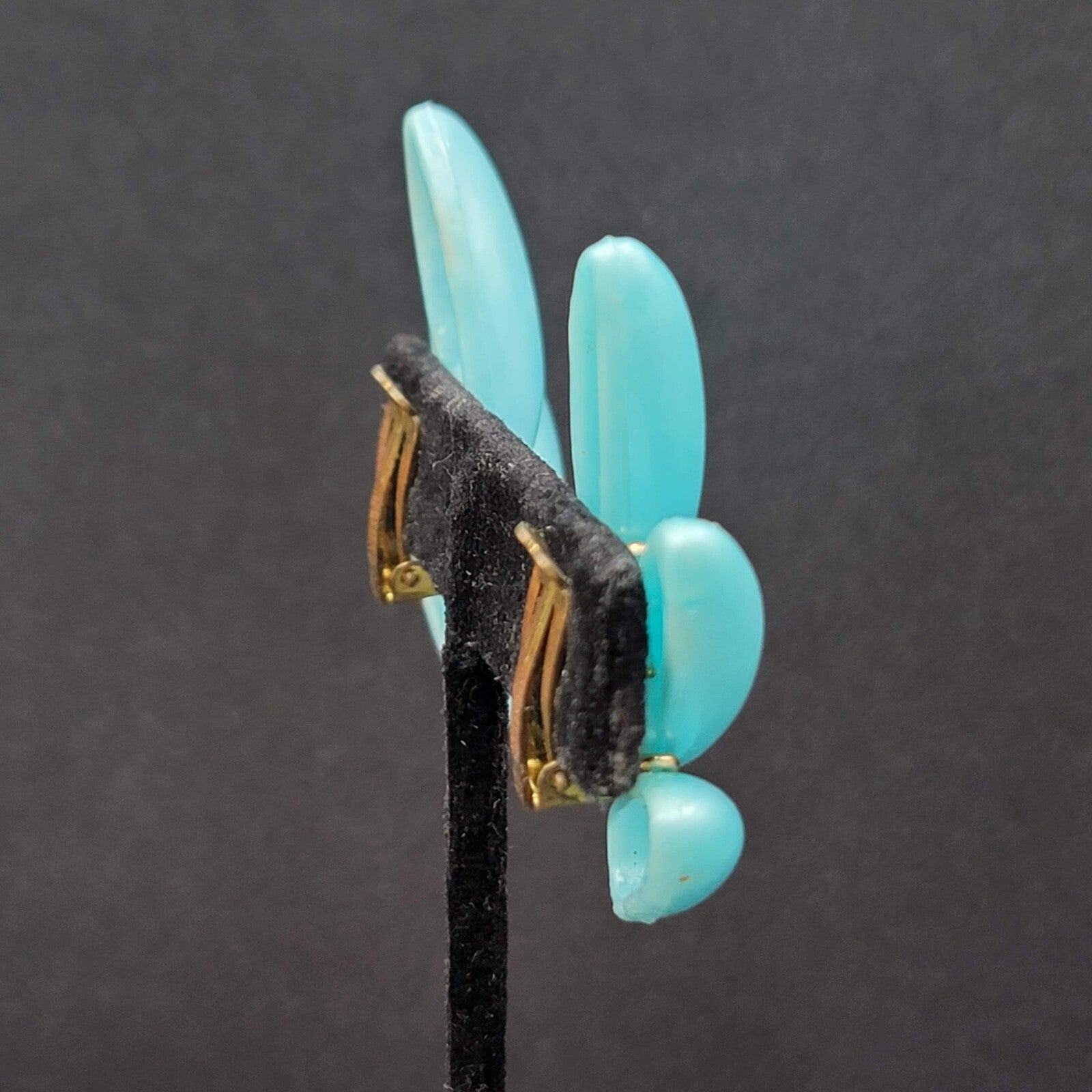 Vintage Clip on Earrings Lightweight Plastic Blue Climber W Germany 1 7/8"
