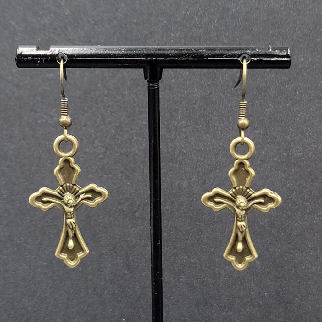 New Crucifix Cross Pierced Earrings Bronze tone Dangle 1 1/8"