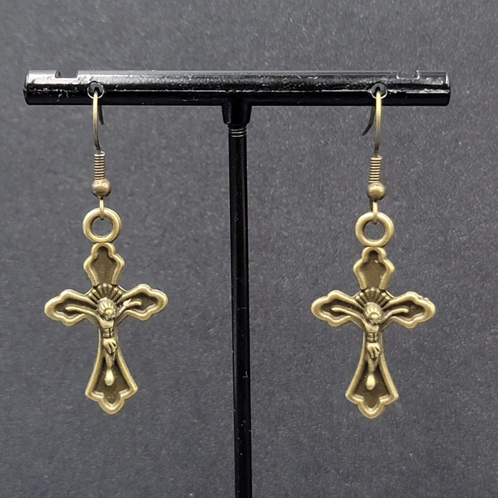 New Crucifix Cross Pierced Earrings Bronze tone Dangle 1 1/8"