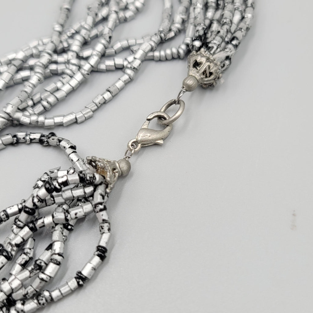 Multi Strand Bead Necklace Gray Silver Black Seed Bead 8 Strand LONG 36"