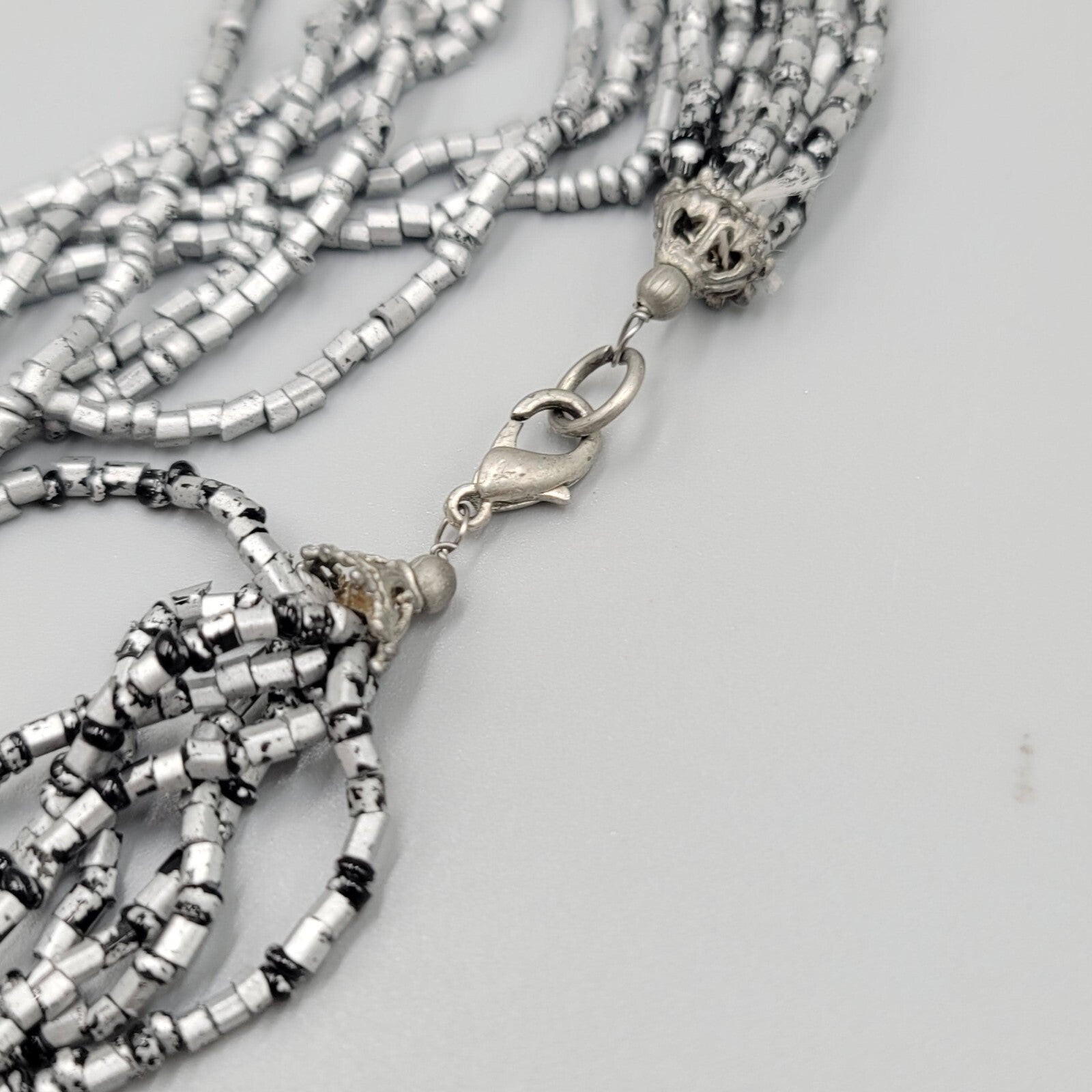 Multi Strand Bead Necklace Gray Silver Black Seed Bead 8 Strand LONG 36"