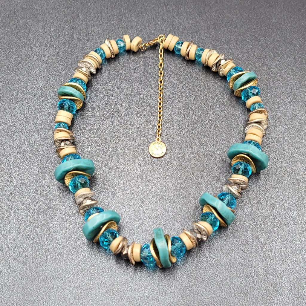 JONES NEW YORK JNY Signed Gold Tone Blue Chunky Beads Necklace 16"-19"