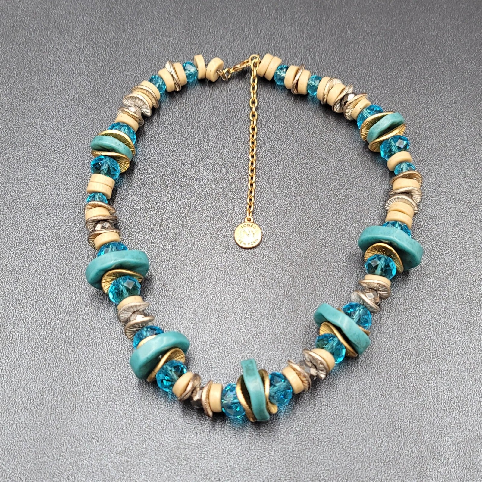 JONES NEW YORK JNY Signed Gold Tone Blue Chunky Beads Necklace 16"-19"