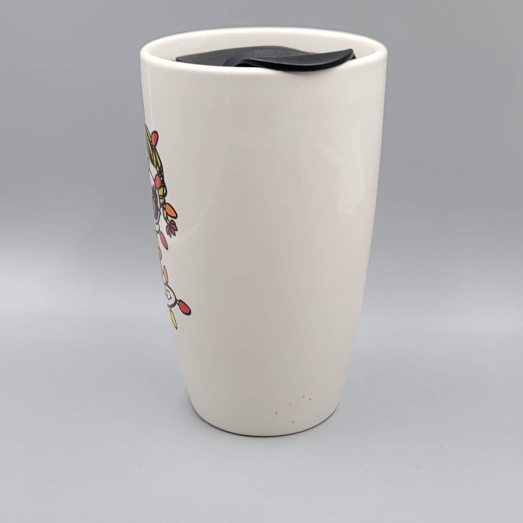 Snoopy and Woodstock Ceramic Travel Mug Christmas Lights Closable Lid 16 oz cap