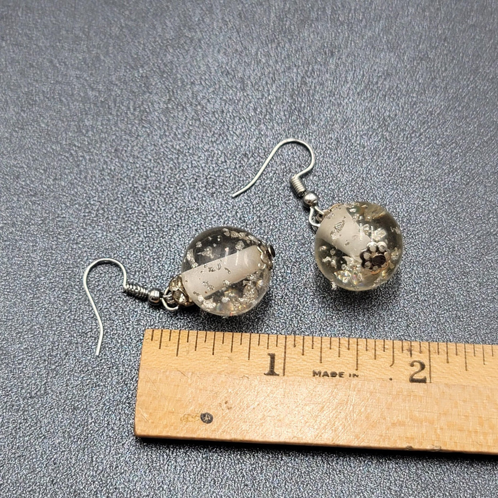 Pierced Earrings Silver tone Acrylic Clear Silver Glitter Bead 3/4"
